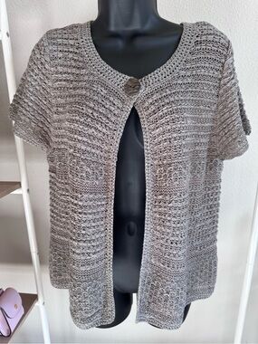 CHICO’S  Gray Open-Weave Short-Sleeve Cardigan SIZE 2 (8-10)